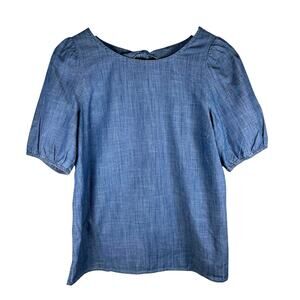 Talbots Petite Small Chambray Puff Sleeve Back Tie Bow Blue Boho Peasant Cottage